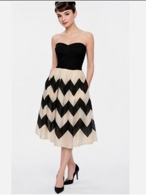 Strapless Black & Cream Chevron Midi Dress